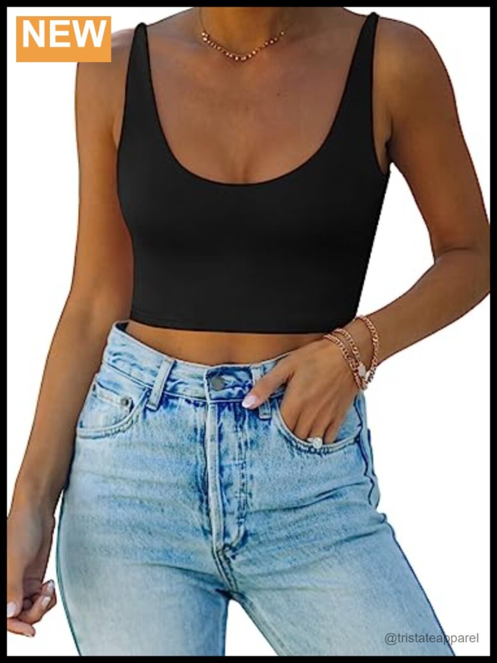 Women's Deep Scoop Neck Sleeveless Tank Crop Top Stretch Double Lined